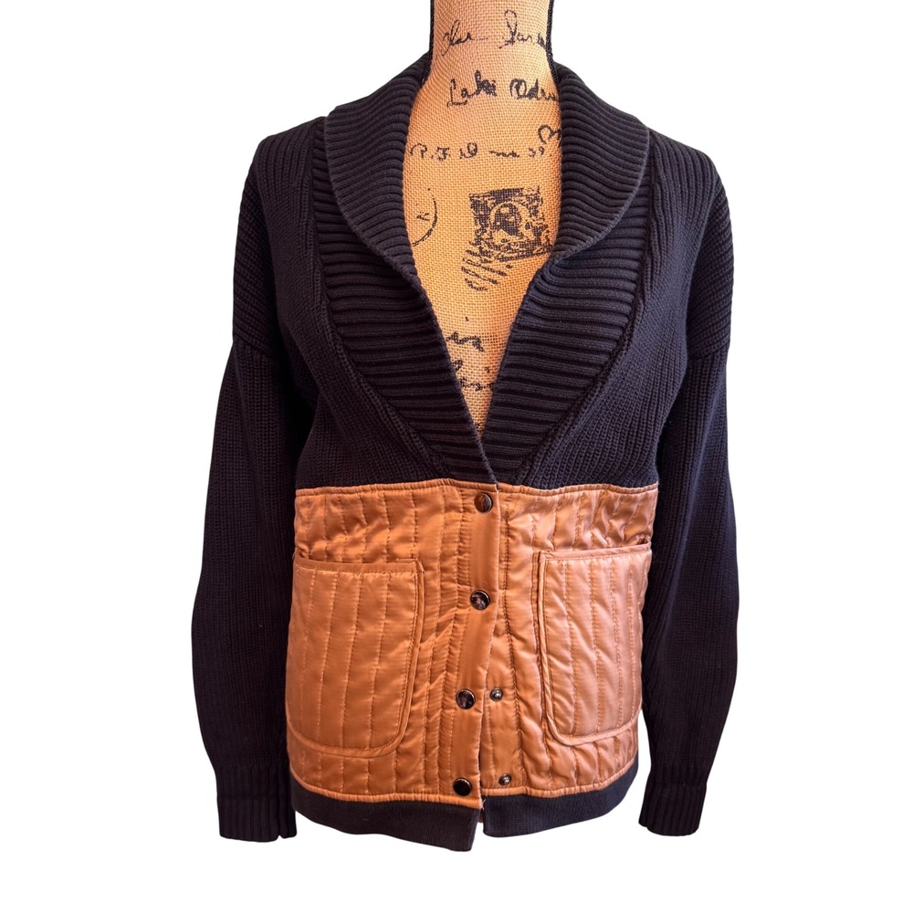 Central Park West Womens Quilted‎ Knit Shawl Collar Cardigan Jacket Tan Black XS
